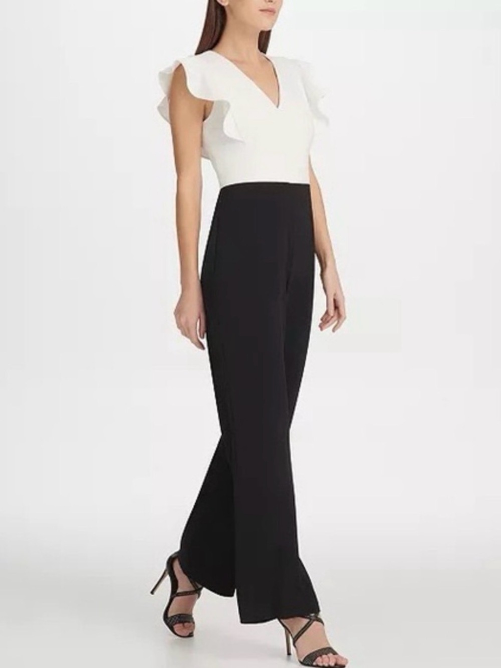 DKNY Two-Tone White Ruffle V-Neck and Black Wide-Leg Jumpsuit